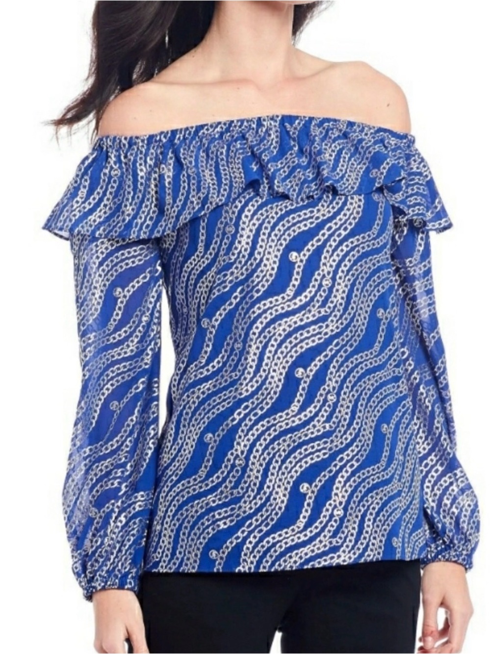MICHAEL Michael Kors Blue Off-Shoulder Chain-Print Ruffle Blouse